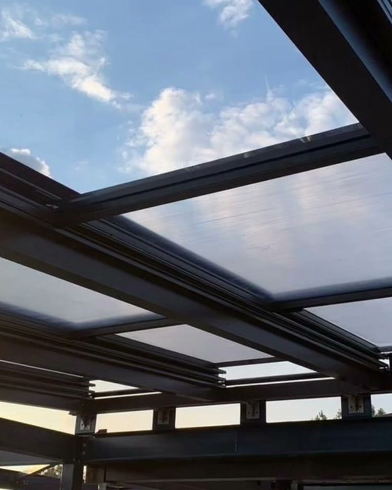 Automatic sliding glass roof 14&nbsp;×&nbsp;6 m with sliding glass on the perimeter